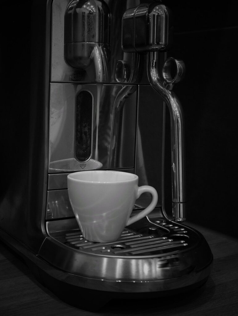 coffee machine, coffee cup, coffee, espresso, enjoyment, cup, monochrome, black-and-white